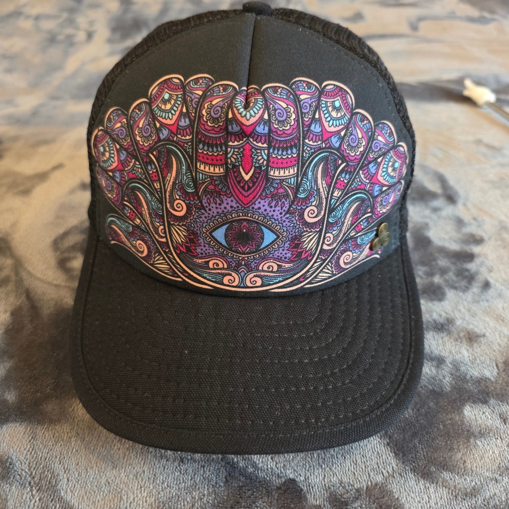 Gypsy & Lolo Hamsa Evil Eye Trucker Hat Black Mesh Snapback Packable Upcycled